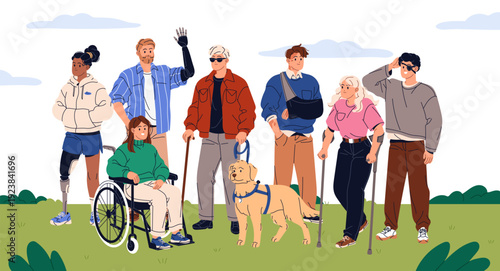 Group of people with disabilities greeting together. Happy men and women with prosthesis, wheelchair fracture bandage, crutches smile waving hands. Inclusive community. Flat vector illustration.