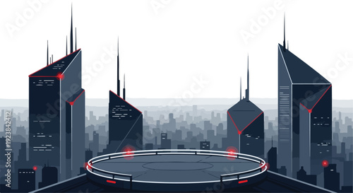 A futuristic city skyline at night with sleek skyscrapers and a circular platform in the foreground against a dark urban landscape.