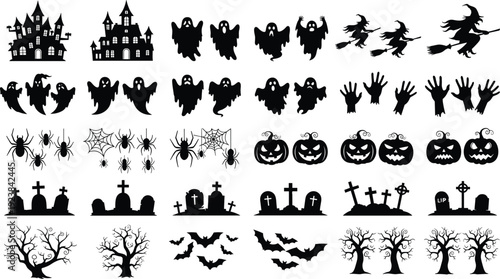 Halloween Silhouette Set with Haunted Houses Ghosts Bats Pumpkins and Graveyard Elements