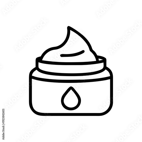 Simple line art icon of a cosmetic jar containing moisturizer cream with a drop symbol