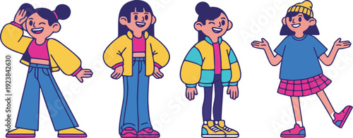 Trendy Kids Streetwear Characters Flat Vector Illustration Set