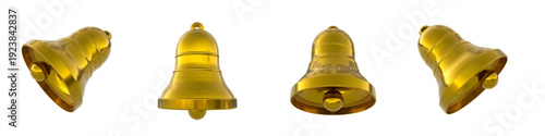 Set of shiny metallic gold bells shown from different angles. Ringing gold bells as a notification sign, alarm  clock, Christmas symbol. Realistic golden metal sign. 3d vector render design, isolated.