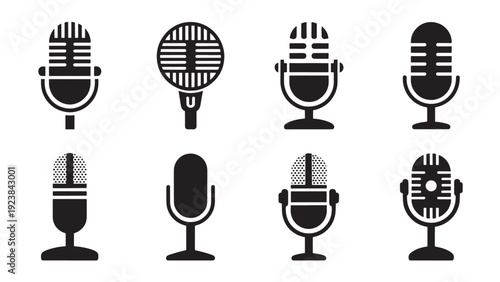 A set of eight black vector icons representing different styles of microphones, from vintage retro designs to modern condensers, for audio and music concepts.