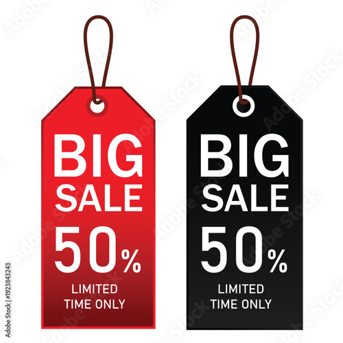 Collection of hanging sale labels and coupons in flat vector illustration style