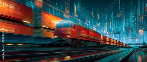 Powerful locomotive engine pulling cargo train through futuristic megacity with glowing skyscrapers and digital data streams representing advanced transportation and automated logistics systems