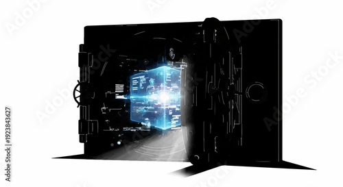 Glowing digital data streams emerge from an open, futuristic bank vault.