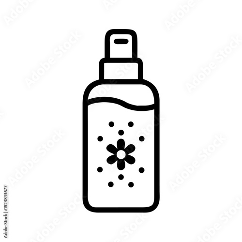 Simple black and white line icon of a cosmetic spray bottle with a floral design on its label.