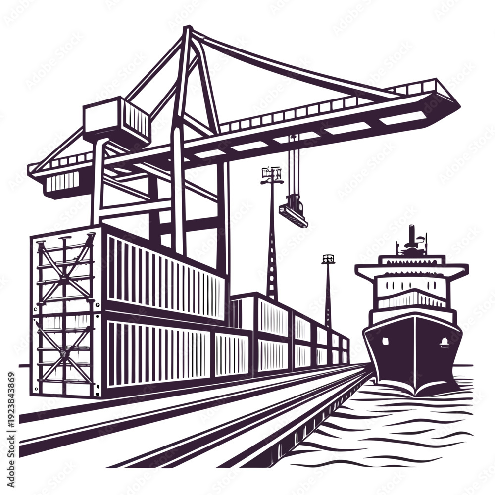 Obraz premium Purple of cargo ship at dock with crane and containers