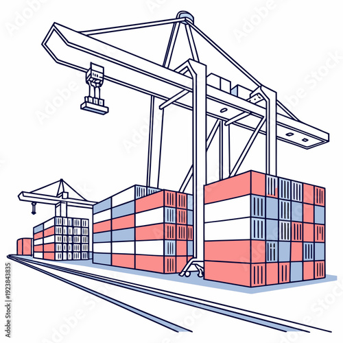 Cargo containers stacked under gantry cranes at shipping port
