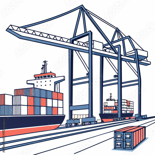 Cargo ship docked at port with cranes and containers