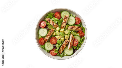 Grilled chicken salad with fresh lettuce, cherry tomatoes, cucumber slices, and avocado in a white bowl, top view isolated PNG with Transparent Background