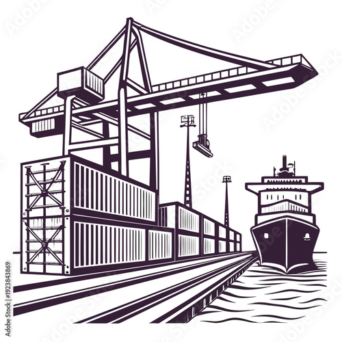 Purple of cargo ship at dock with crane and containers