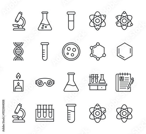 Collection of scientific icons representing research, chemistry, biology, and medicine