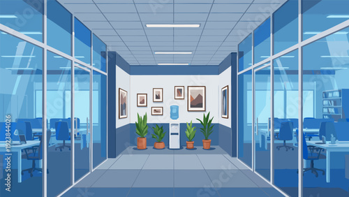 Vector Illustration of Modern Blue Office with Symmetrical Cubicles, Walkway, Greenery, and Corporate Design