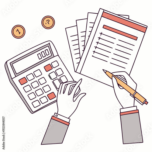 Hand holding pencil calculating on calculator with papers and coins