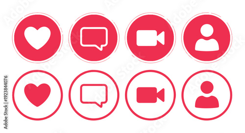 Social media icons set with red heart chat bubble video camera and profile avatar symbol in circle frames