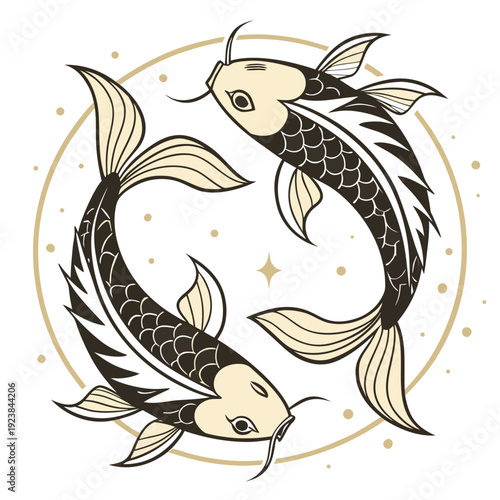 Ultra clean of circular pisces zodiac symbol with two fish in gold and brown colors