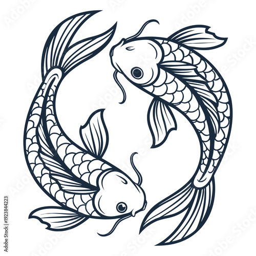 Black line of two fish curved around in a circle zodiac