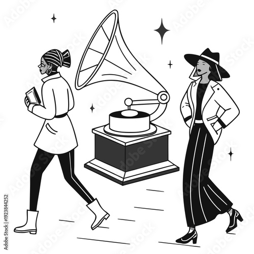 Black and white of two women walking past a gramophone