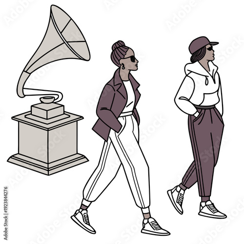 Two people walking next to gramophone monochrome purple