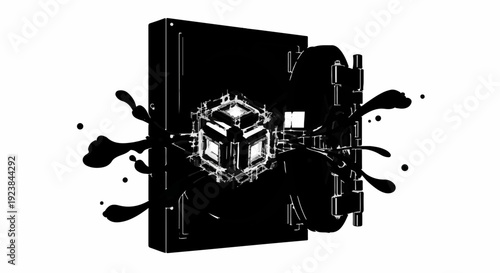 Abstract black liquid splashing from a futuristic cube-shaped vault door.