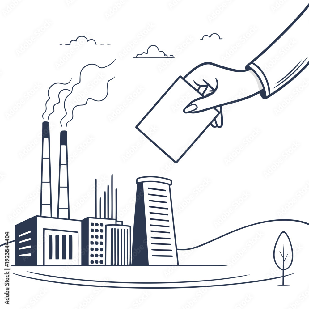 Obraz premium Hand holding card over industrial factory with smokestacks