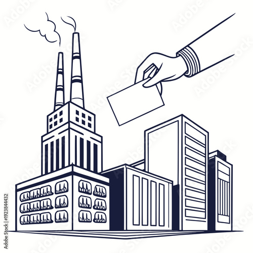 Industrial buildings with smokestacks and hand holding card