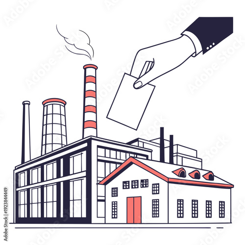 Industrial factory building with smoking chimney and hand holding ballot box