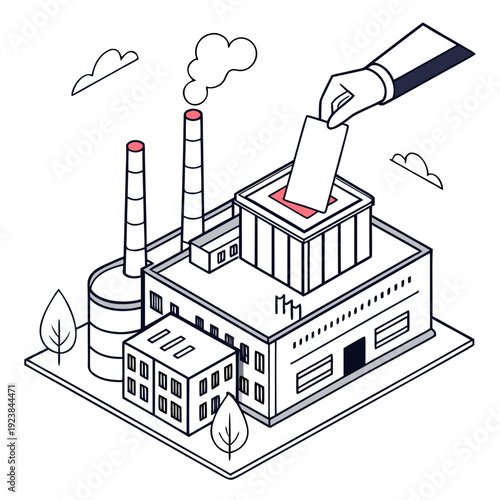 Isometric of hand putting ballot into industrial factory voting box