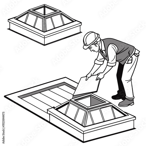 Industrial worker installing skylight panels on rooftop
