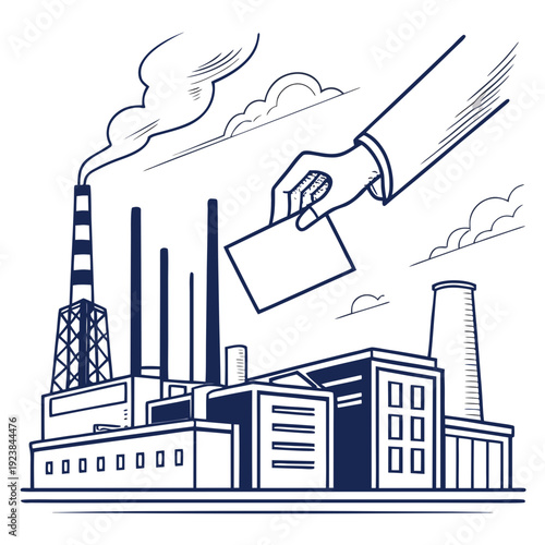 Industrial factory with smokestacks and hand holding card