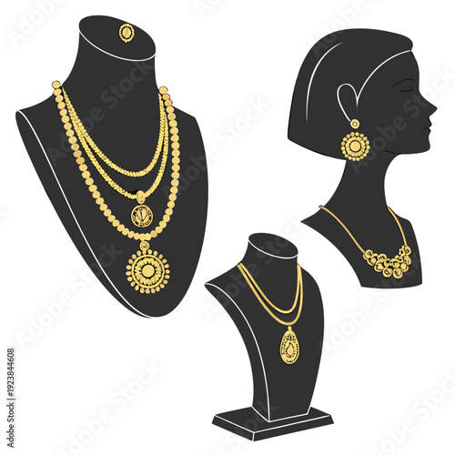 Gold jewelry on black mannequin busts necklaces earrings