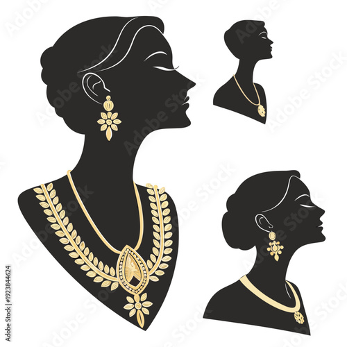 Gold jewelry on black silhouettes of women necklaces