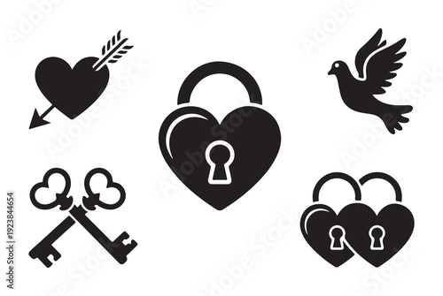Romantic symbols including heart arrow lock keys and dove, representing love relationships and commitment