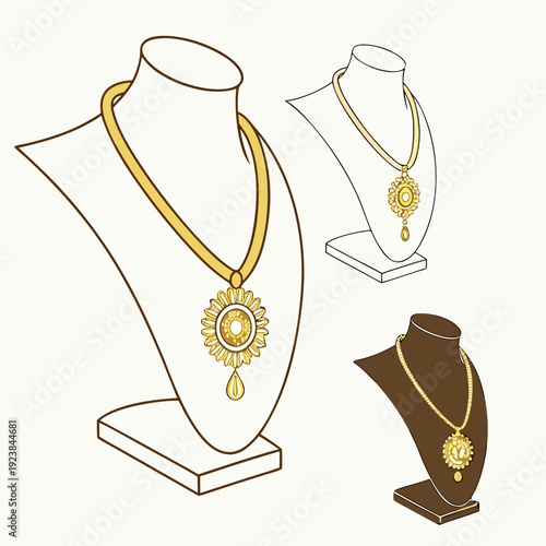 Gold necklaces with ornate pendants on display stands