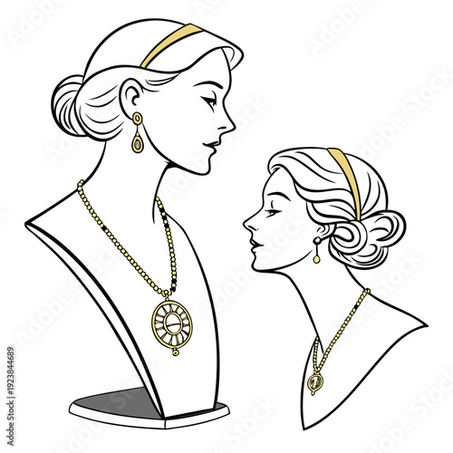 Gold pendant necklace on female busts jewelry earrings