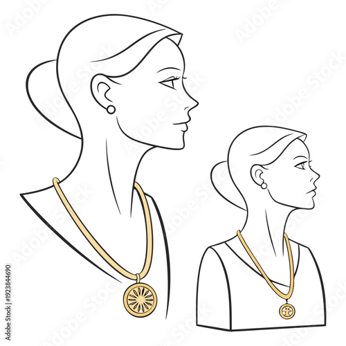 Gold pendant on necklaces worn by two women in profile
