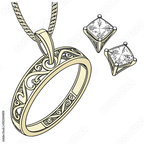 Gold jewelry set with diamond ring earrings pendant