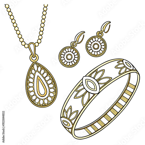 Gold jewelry set with teardrop pendant and floral earrings