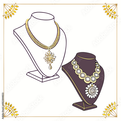 Gold necklaces on display stands gold jewelry white background
