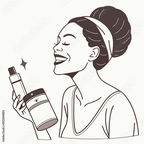 Woman holding skincare products with closed eyes and smiling