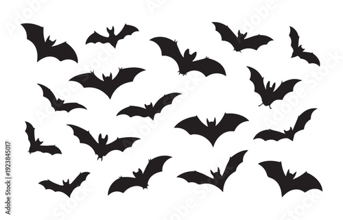 Flying bats vector set with black silhouettes of spooky nocturnal animals for creative halloween backgrounds