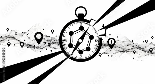 Abstract compass with location pins and network connections symbolizing navigation and data flow