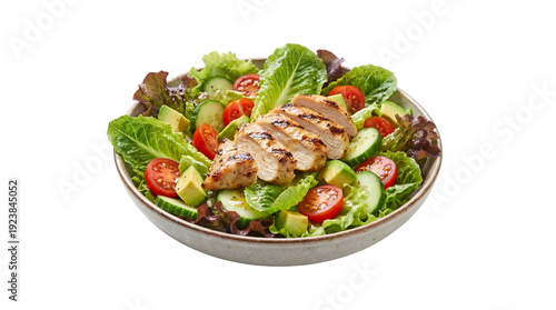 Grilled chicken breast salad with fresh romaine lettuce, cherry tomatoes, cucumber, and avocado in a ceramic bowl isolated PNG with Transparent Background