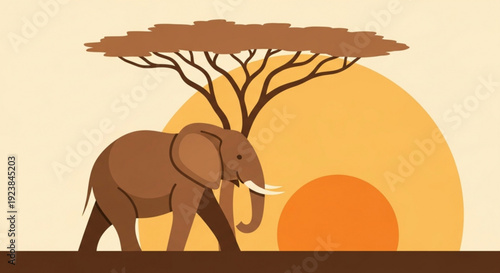 Elephant walking under acacia tree at sunset savannah landscape with warm orange light