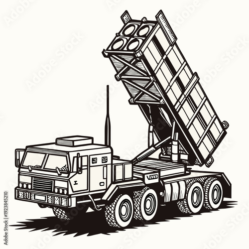 Black and white of a mobile air defense system truck