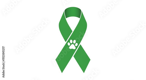 Green awareness ribbon with animal paw print symbol on white background for animal welfare and support campaigns