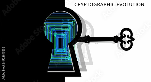 Abstract key unlocking a digital gateway of glowing geometric patterns