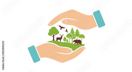 Hands cradling a miniature ecosystem with animals and trees on green grass symbolizing environmental conservation and protection