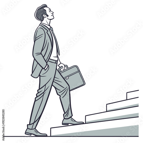 Grayscale business man walking up stairs with briefcase